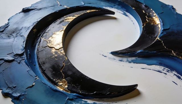 Glossy black crescent pair showing blue impasto and gold veins on white board | abstract