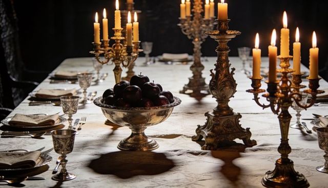 Candlelit Banquet Table with Antique Silver Bowl of Dark Red Apples and Ornate Candelabras