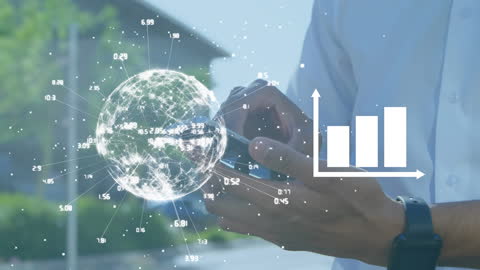 Businessman Analyzing Data on Smartphone with Digital Globe Overlay