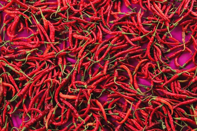 Chili peppers scattered against a pink surface, creating a vibrant and eye-catching display. Ideal for use in articles or blogs about spicy food, cooking ingredients, cuisine, food markets, nutrition, or seasonal produce. Perfect for advertisements or social media posts focused on vibrant culinary visuals.