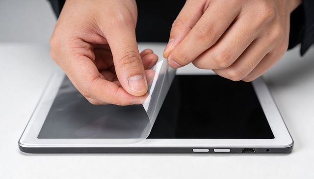 Hands peeling screen protector from tablet touchscreen removing protective film closeup