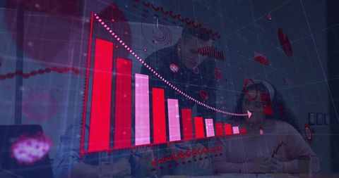 Business Team Analyzing Holographic Declining Bar Chart in Modern Boardroom Collaboration Strategy