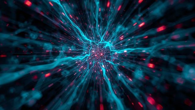 Cyan energy vortex radiating magenta particles through futuristic light tunnel