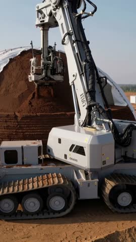 Vertical video showing tracked handler excavator reshaping tarp-covered stockpile with grapple