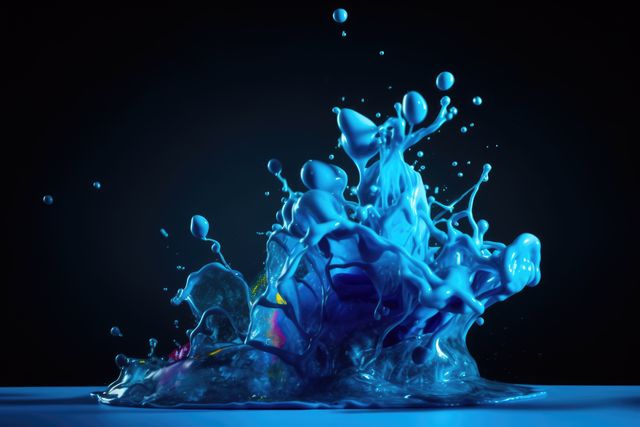 Blue paint splash forming unique shapes in dark setting. Perfect for artistic backgrounds, abstract art projects, or visual elements in marketing materials. Ideal for adding a contemporary, dynamic look.