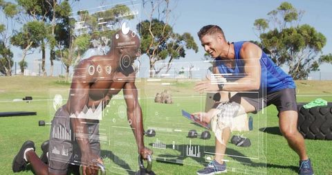 Outdoor personal trainer coaching kettlebell workout with augmented reality data