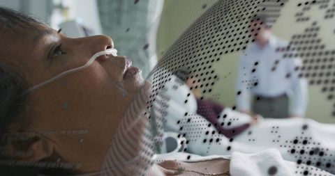 Hospital patient receiving oxygen therapy with perforated digital diagnostic overlay