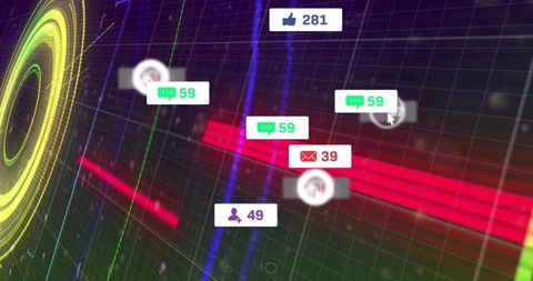 Futuristic social media notification interface: floating likes, messages, chat counters