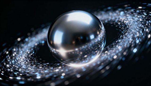 Reflective silver orb hovering above spiral particle lights, futuristic tech abstract
