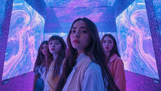 Art Exhibition with Young Women Standing in Futuristic Light Panels