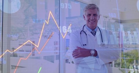 Doctor analyzing medical data with optimistic growth trends