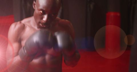 Focused Boxer Training in Gym with Dynamic Lighting