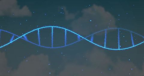 Glowing dna double helix crossing cosmic night sky, neon genetics strand and ladder