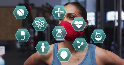 Masked Woman with Medical Icons Illustrating Health Concepts