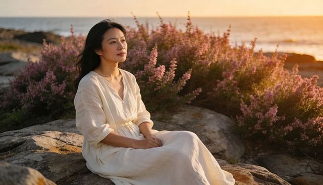Woman sitting and gazing toward sunset on coastal rocks with pink flowering shrubs