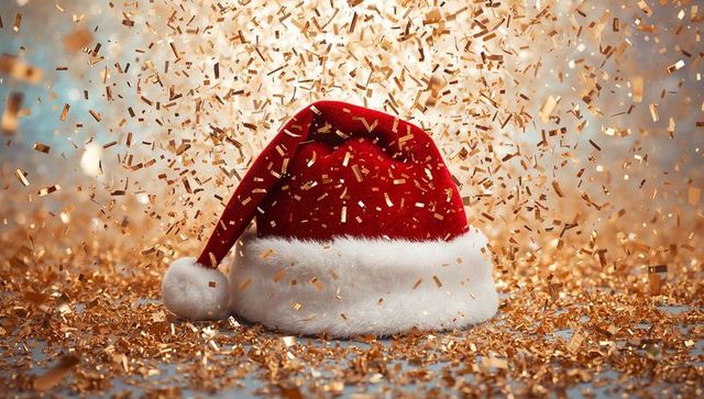 Santa Hat Catching Gold Confetti, Velvet Red Fur Against Warm Bokeh Glow