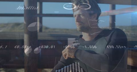 Digital Data Overlaying Portrait of Thoughtful Surfer - Download Free Stock Images Pikwizard.com