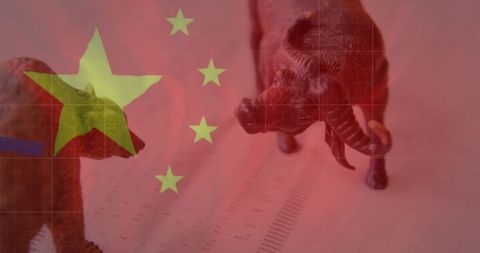Bull and Bear with Chinese Flag Portending Market Trends
