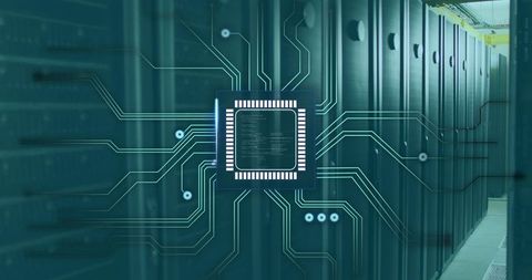 Futuristic microchip projection linking server racks and digital circuitry in data center