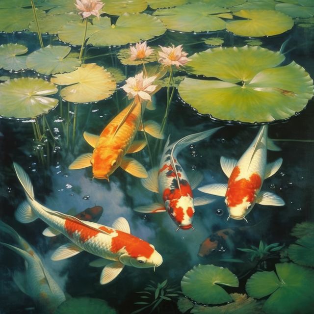 Colorful Koi fish swim under vibrant lily pads in a tranquil pond. Ideal for use in publications or websites about gardening, pond maintenance, and aquatic wildlife. Also suitable for decorative purposes in themes involving relaxation and nature.