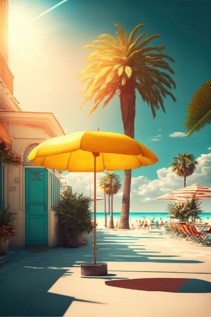 Sunny Beachside with Palm Trees and Yellow Umbrella in Afternoon Light - Download Free Stock Images Pikwizard.com