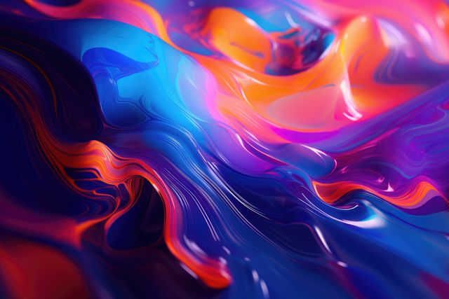 Bright, vivid abstract fluid art with a mix of blue and orange colors flowing dynamically. Great for use as a wallpaper, background for websites or promotional graphics. Can also be used for art prints, posters, and creative designs.