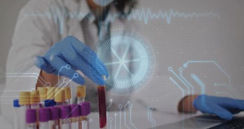 Lab technician holding red-capped blood vial with digital hud overlay and circuit graphics