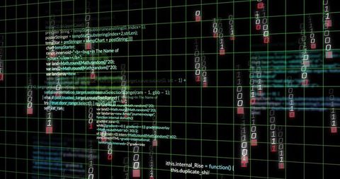 Neon code grid with floating binary streams and holographic programming interface