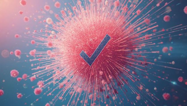 Abstract scientific concept with virus and check mark in digital space