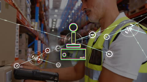 Warehouse Worker Scanning Inventory with Futuristic Interface Overlay