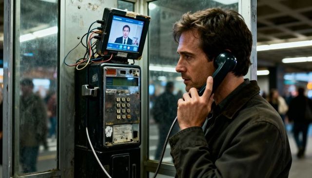 Man making urgent call at payphone while watching screen in busy transit station at night