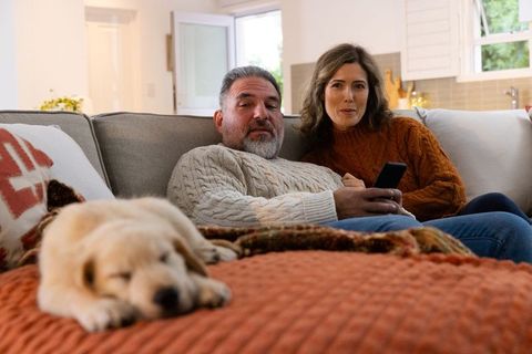 Couple relaxing on sofa in cozy knit sweaters with sleeping puppy on rust blanket
