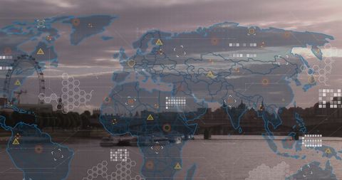 Digital world map overlay on cityscape with technology icons