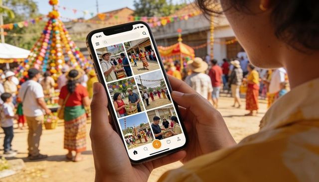 Smartphone scrolling festival gallery at vibrant outdoor market with colorful banners