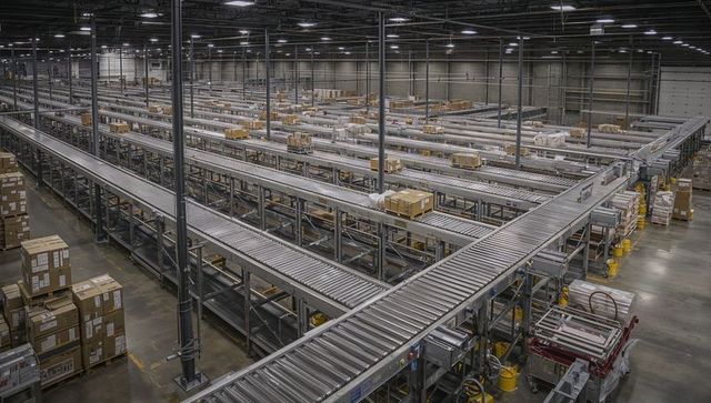 Automated Conveyor Network Moving Packages Through Large Warehouse Fulfillment Center