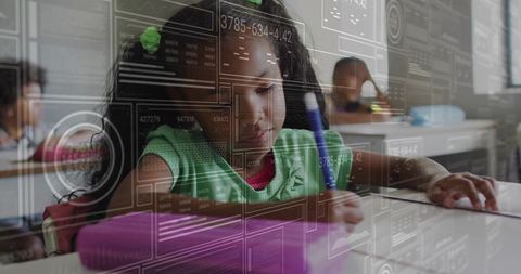 Young student in classroom with digital technology overlay