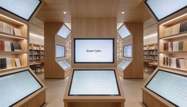 Minimalist wood tech showroom with interactive touch kiosks and symmetrical timber design