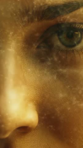 Drifting Golden Mist Revealing Eye and Nose in Warm Ethereal Macro Portrait Vertical Video