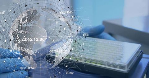 Gloved hands holding 96-well microplate with global network data overlay for lab analytics