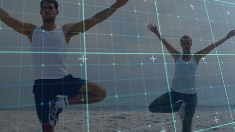 Digital Health Data Overlay on Beach Yoga