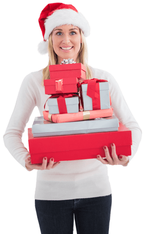 Festive Blonde Woman Holding Gift Boxes Isolated Transparent Background