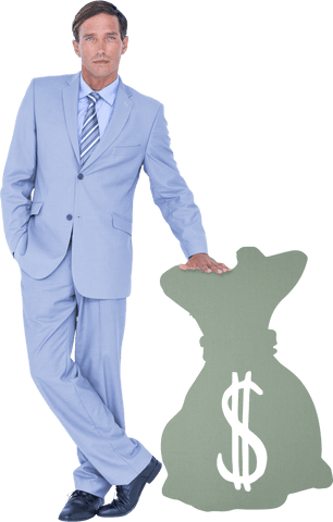 Businessman in Gray Suit Leaning on Transparent Dollar Sack Icon