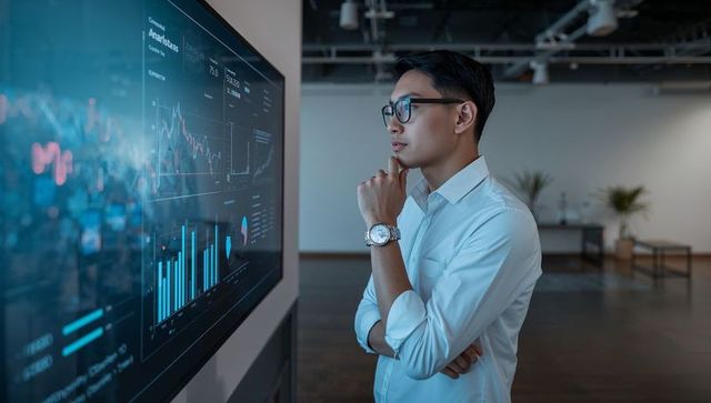 Young professional analyzing financial data on large screen in modern office