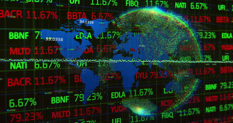 Financial Data Animation Over Global Map on Black Background