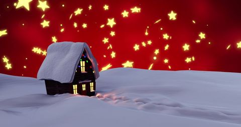 Cozy Snow-Covered Cabin with Bright Christmas Sky