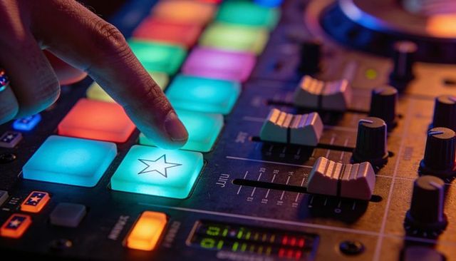 Pressing star pad on backlit dj controller with rgb pads and faders for live mixing