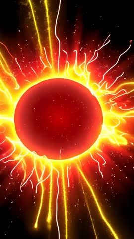 Pulsing Red Orb Emitting Fiery Corona and Electric Filaments in Cosmic Space - Vertical Video