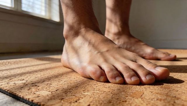 Sunlit Bare Feet Standing on Cork Yoga Mat with Veined Toes Warm Natural Light and Texture