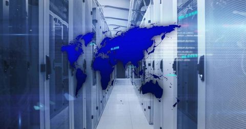 Digital World Map Overlay on Data Center Corridor Lights