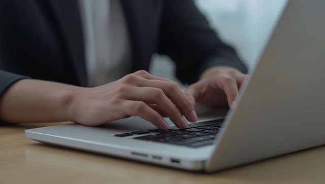 Professional hands typing on silver laptop keyboard on light wood desk